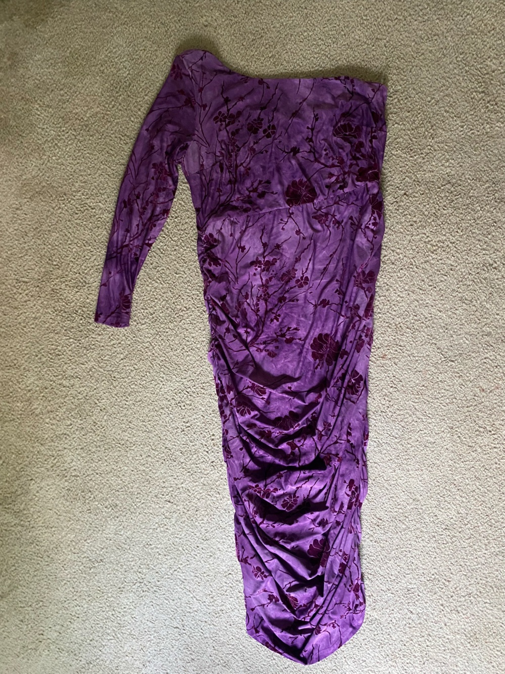 Fashion Nova Purple One-Shoulder Floral Ruched Midi Dress - Picture 4 of 6